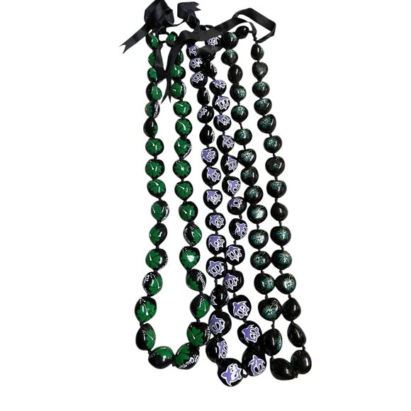 Handmade Jewelry - Kukui Nut Lei Necklace Hand Painted Hawaii Flowers Turtle Ribbon Ties Lot Of 3